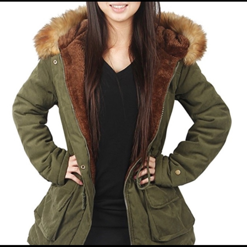 4HOW | Utility Jacket rain coat winter, fall pockets waist drawstring faux fur